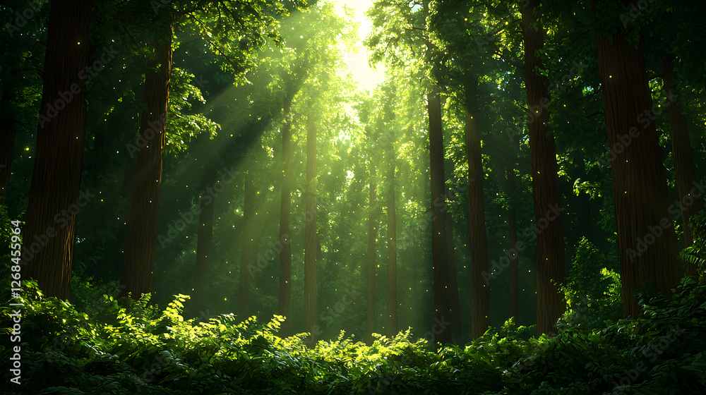 Obraz premium Sunlit Green Forest With Lush Foliage