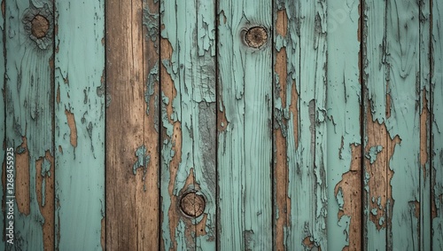  close-up view of a weathered wooden surface, featuring horizontal planks with a distressed, peeling paint finish. The predominant color is a faded green, interspersed with patches of exposed wood and photo