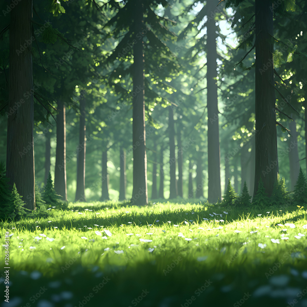 Fototapeta premium Sunlit Green Forest with Lush Meadow