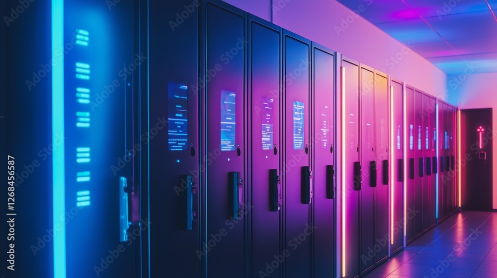 Vibrant Data Center with Neon Lights and Digital Locker Interface Vibrant Data Center with Neon Lights and Digital Locker Interface