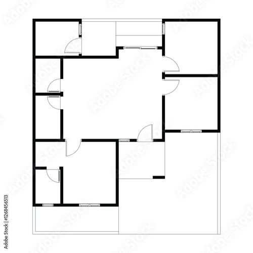 Black and White floor plan of a modern unfurnished house for your design. Suburban house vector blueprint. Architectural background