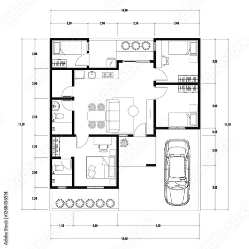 Floor plan blueprint, Figure of the jotting sketch of the construction and the industrial skeleton of the structure and dimensions.