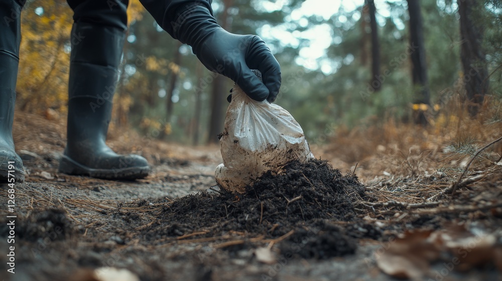 Obraz premium Environmental Cleanup: Person in Black Work Gloves Removing Plastic Bag from Dirt Trail