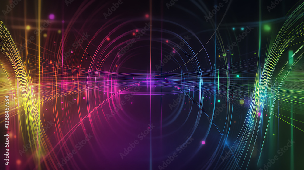 Vibrant Digital Data Flow Abstract Background with Concentric Geometric Elements and Colorful Dots Vibrant Digital Data Flow Abstract Background with Concentric Geometric Elements and Colorful Dots