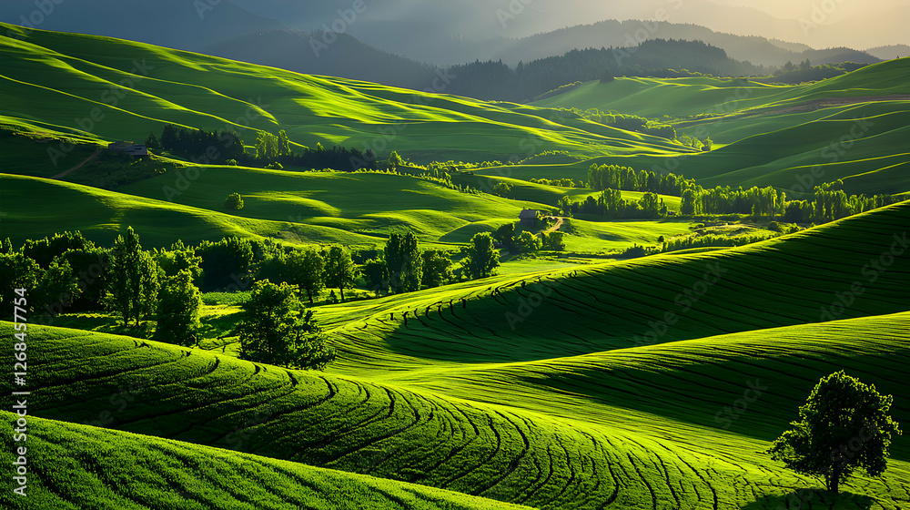 Fototapeta premium Sunlit Green Hills Landscape