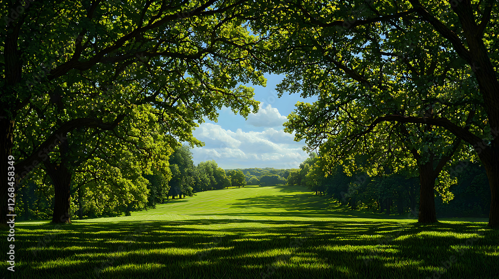 Sunlit Green Landscape with Trees and Path Sunlit Green Landscape with Trees and Path