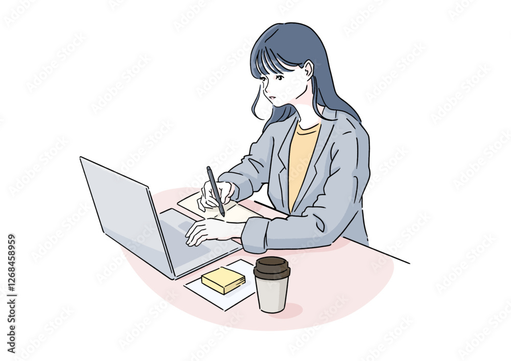 仕事・勉強に集中する女性 ノートPCとメモを使うビジネスパーソン