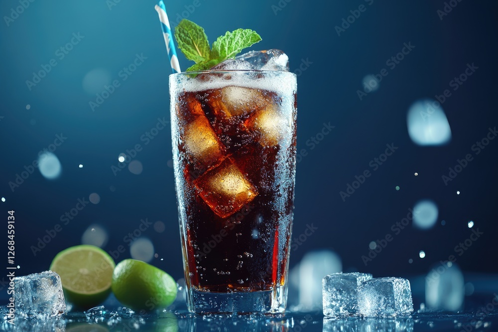 A refreshing glass of cola with ice cubes, mint leaves, and a straw, garnished with lime slices against a cool blue background. Ideal for beverage branding, advertising, and summer promotions A refreshing glass of cola with ice cubes, mint leaves, and a straw, garnished with lime slices against a cool blue background. Ideal for beverage branding, advertising, and summer promotions