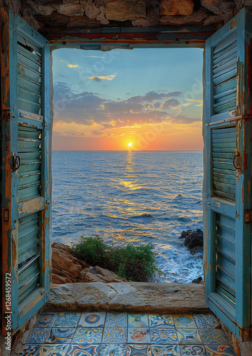 Warm and Inviting Summer Mediterranean Window Illustration with Vintage Charm, Perfect for Decorative Artwork or Home Accent Wall