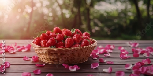 A basket of strawberries on a wooden table, surrounded by flower petals, bright daylight. 