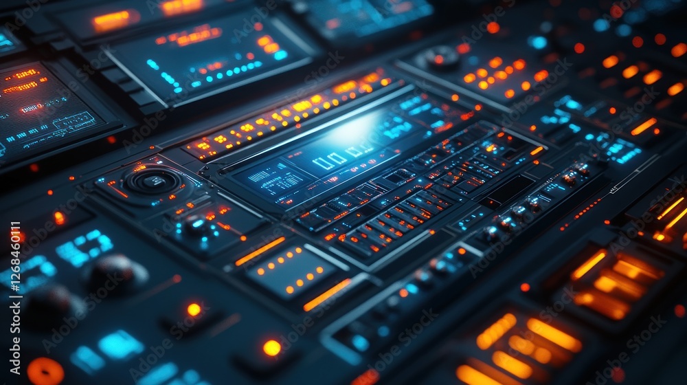 Close-up of a futuristic control panel with glowing blue and orange buttons and a digital display. Close-up of a futuristic control panel with glowing blue and orange buttons and a digital display.