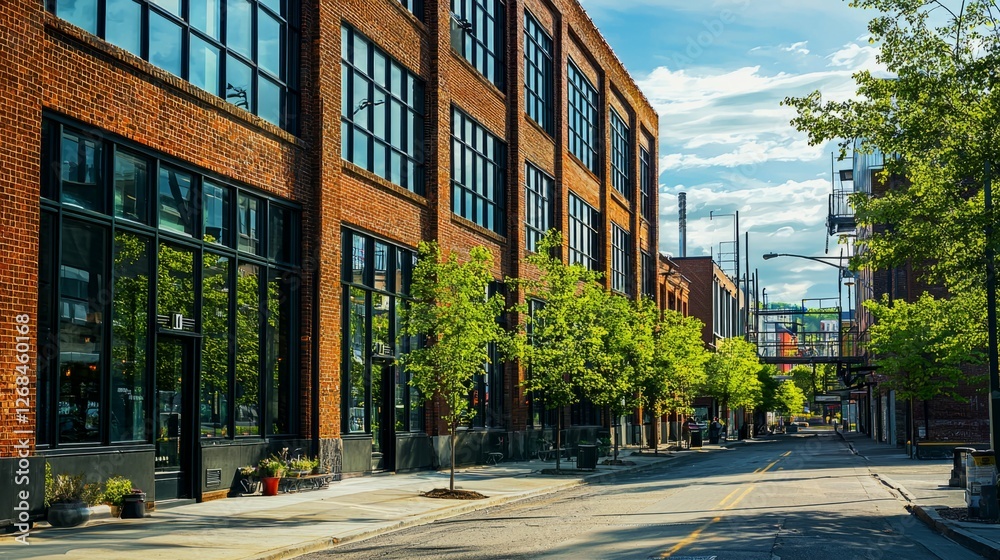 Urban Street Scene with Historic Brick Buildings and Green Trees