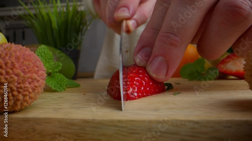 A chef cuts a strawberry