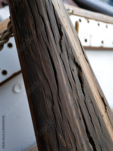 Detailed shot of a boat weathered wooden oarlock photo