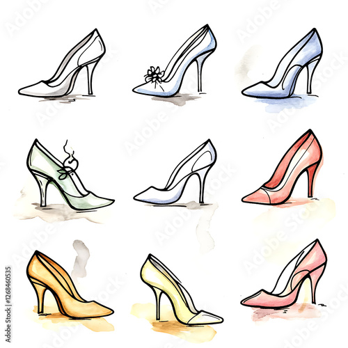 Watercolor Fashion Heels Ensemble Elegant Footwear Collection Trendy Design Variety Artistic Style
