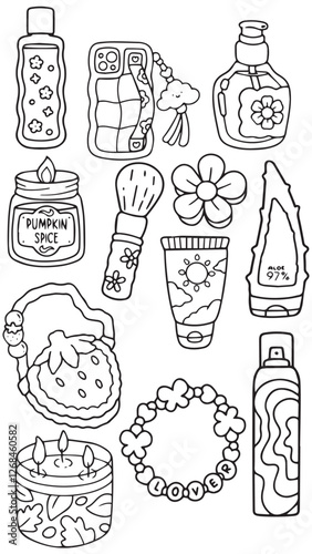 Collection of hand-drawn black and white line art illustrations featuring self-care and lifestyle items such as pajamas, skincare products, nail polish, headphones, slippers, and accessories.