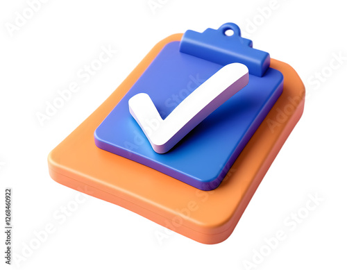 3D Render of Checklist Icon:  A vibrant, modern 3D rendering of a checklist icon, featuring a prominent checkmark on a blue clipboard, signifying completion and success.