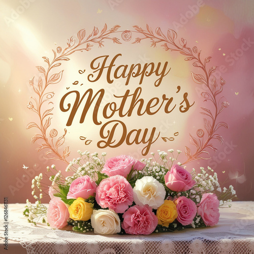 A heartwarming Mother's Day scene featuring a warm-lit, serene background with pastel shades of pink, peach, and cream