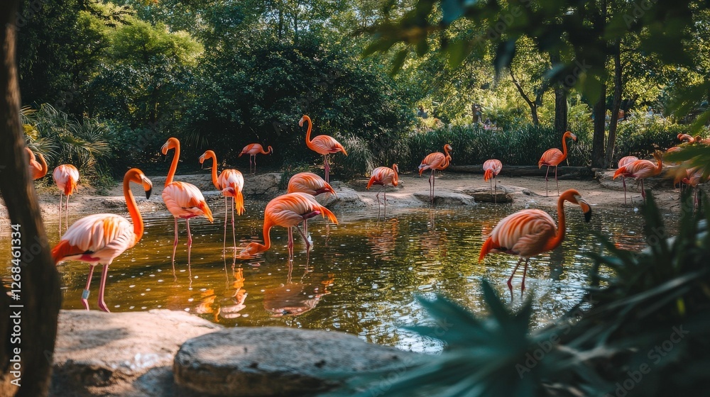 Obraz premium Serene Flamingos in Shallow Pond Amidst Vibrant Reflections