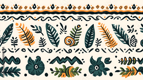 Whimsical Foliage Pattern with Ornamental Elements in Decorative Bordered Design Presentation