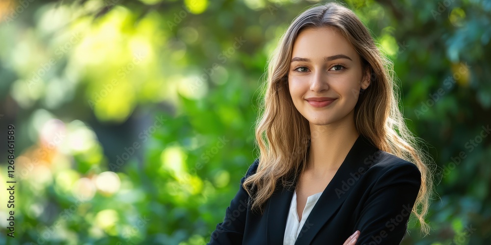 Confident Young Businesswoman Smiling in a Lush Outdoor Setting Confident Young Businesswoman Smiling in a Lush Outdoor Setting