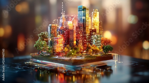 Fototapeta Naklejka Na Ścianę i Meble -  Smart city model, autumn leaves, night lights, futuristic design, tech presentation