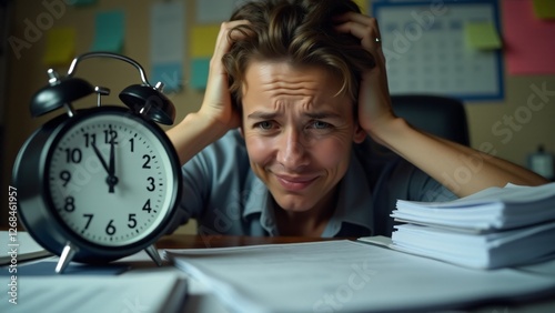 A stressed person looks at a clock with a pile of tax forms. Harsh lighting highlights the anxiety of the approaching tax deadline.