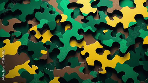Abstract camouflage pattern in green brown and yellow with seamless texture ideal for military and outdoor gear