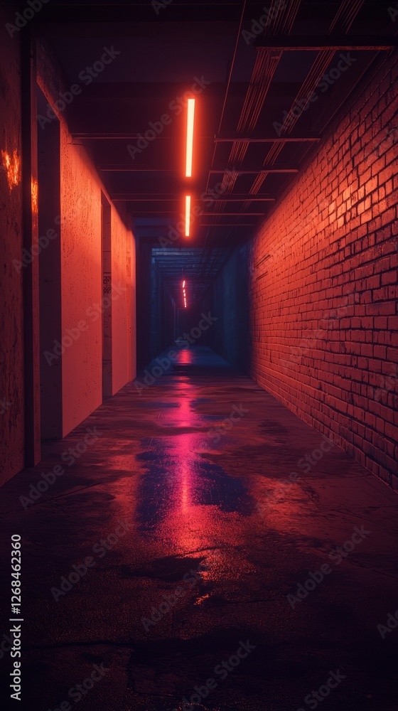 Dimly Lit Urban Corridor with Neon Lights and Reflected Surfaces Dimly Lit Urban Corridor with Neon Lights and Reflected Surfaces