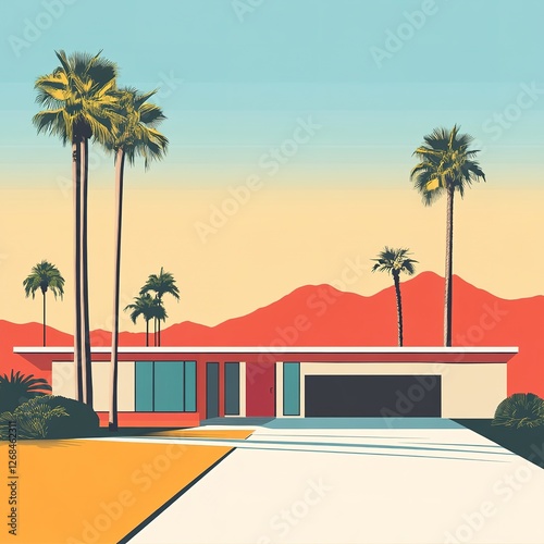 minimalist flat design illustration mid century modern palm springs house photo