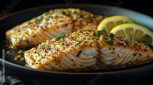 Grilled salmon fillet with fresh lemon slices. photo