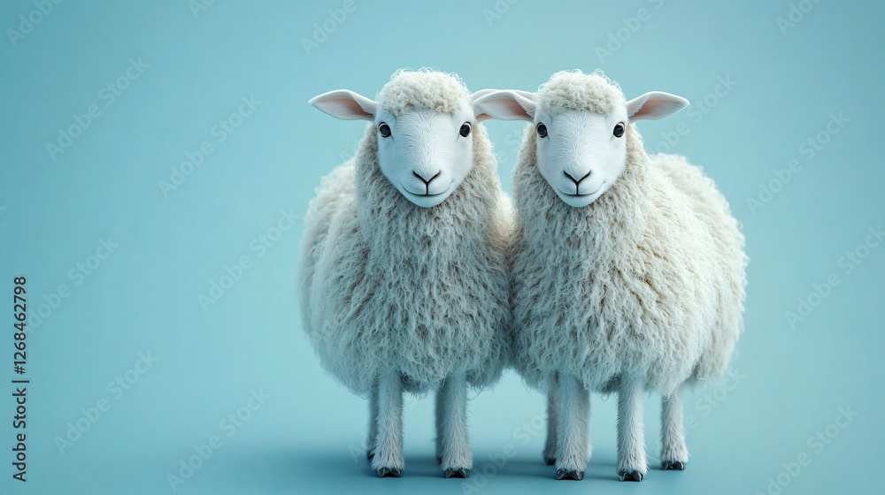 Fototapeta premium Two fluffy sheep against a vibrant turquoise background, perfect for Islamic holiday designs like Eid al-Adha, adding a playful and charming touch to promotions.