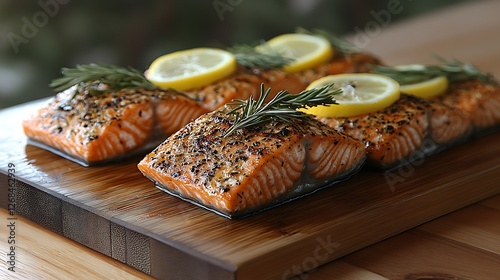Grilled salmon fillet with fresh lemon slices. photo