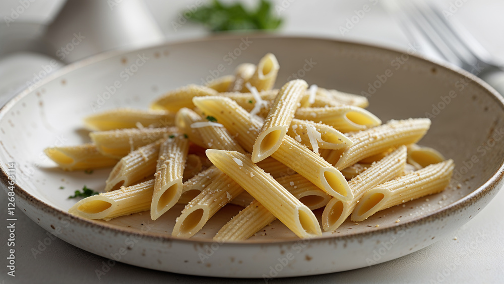 Bowl of penne pasta with garnish served in a minimalist food presentation highlighting its texture and delicious appeal Bowl of penne pasta with garnish served in a minimalist food presentation highlighting its texture and delicious appeal