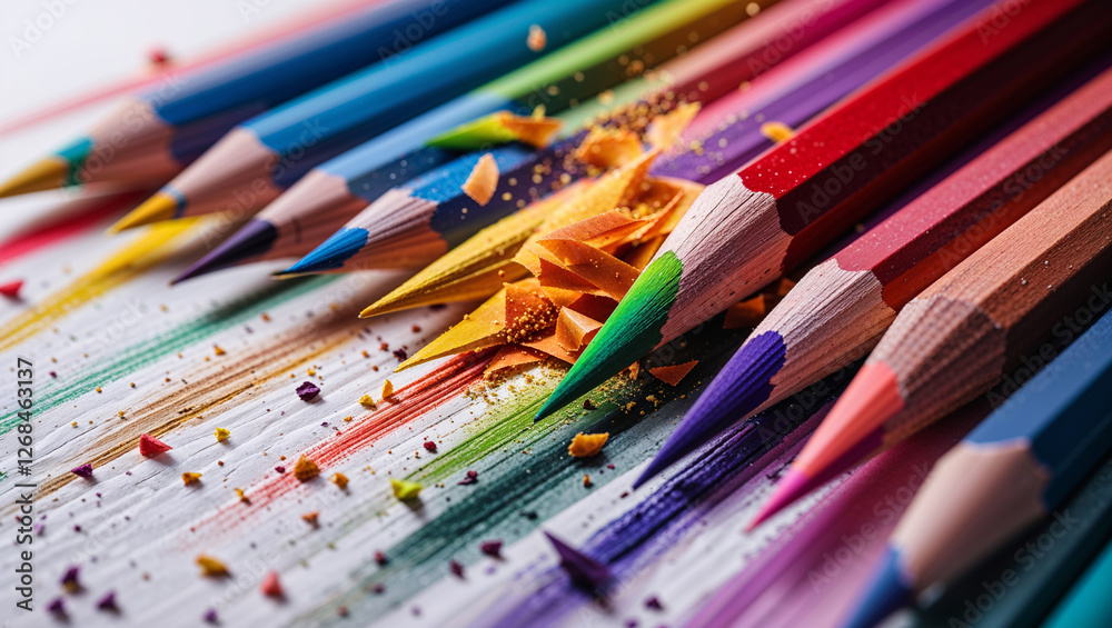 Colorful sharpened pencils arranged in a scattered artistic composition highlighting their vibrant tones and creative appeal Colorful sharpened pencils arranged in a scattered artistic composition highlighting their vibrant tones and creative appeal