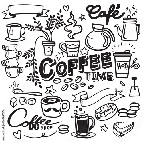 Black and white doodle drawing of coffee themed items. Suitable for coffee shop advertisements, menu designs, and social media posts.