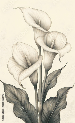 Delicate Botanical Calla Lily Branch Illustration in PNG Format with High-Quality Details and Realistic Texture on a White Background