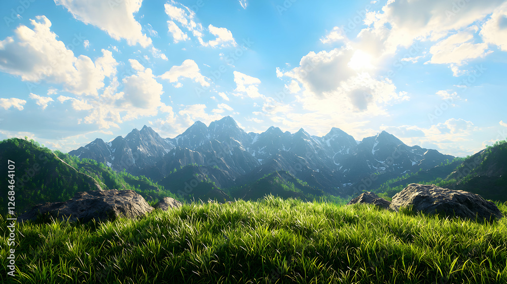 Fototapeta premium Sunlit Mountain Range with Lush Green Valley