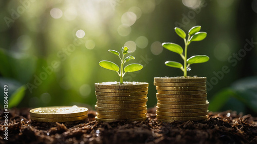Financial prosperity: Stacked gold coins with healthy green sprouts, illustrating wealth-building strategies, business investment growth, and the path to financial success in a thriving economy