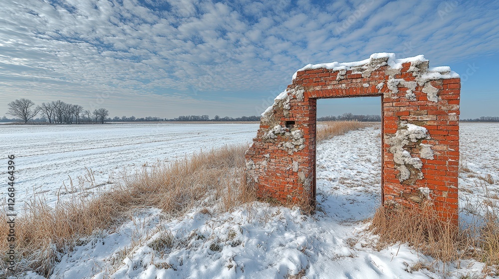 Brick archway and snow covered doorway in a snowy field against a clear blue sky Brick archway and snow covered doorway in a snowy field against a clear blue sky