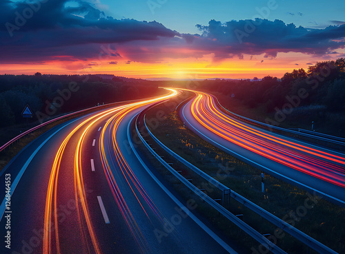 Innovative Graphic Illustration: Dynamic Road Light Trails with Orange and Blue Vibrancy, Arrows Indicating Rapid Growth and Ascending Motion on Dark Background