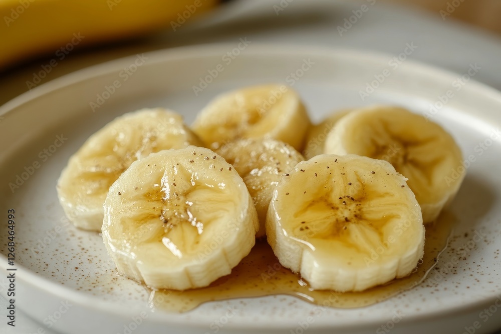 Food photography of sliced banana with honey on a white plate, on a table in the kitchen. Food photography of sliced banana with honey on a white plate, on a table in the kitchen.