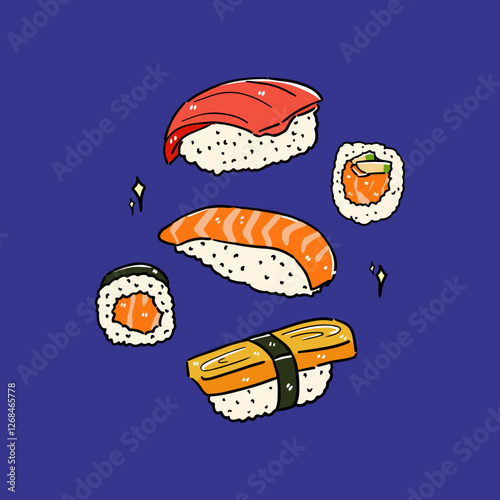 Japanese sushi nigiri sashimi maki illustration with isolated blue background