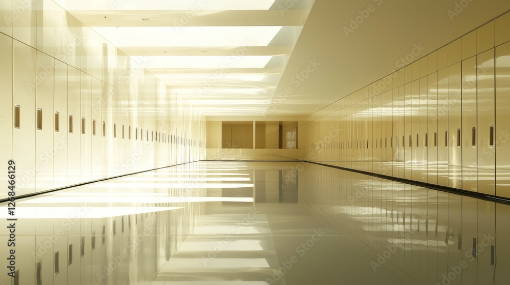 Fototapeta premium Modern Minimalist Interior with Reflective Floor and Light Play