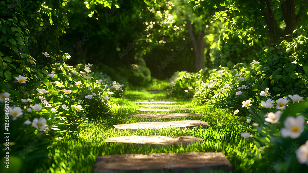 Sunlit Path Through a Lush Green Garden with White Flowers Sunlit Path Through a Lush Green Garden with White Flowers