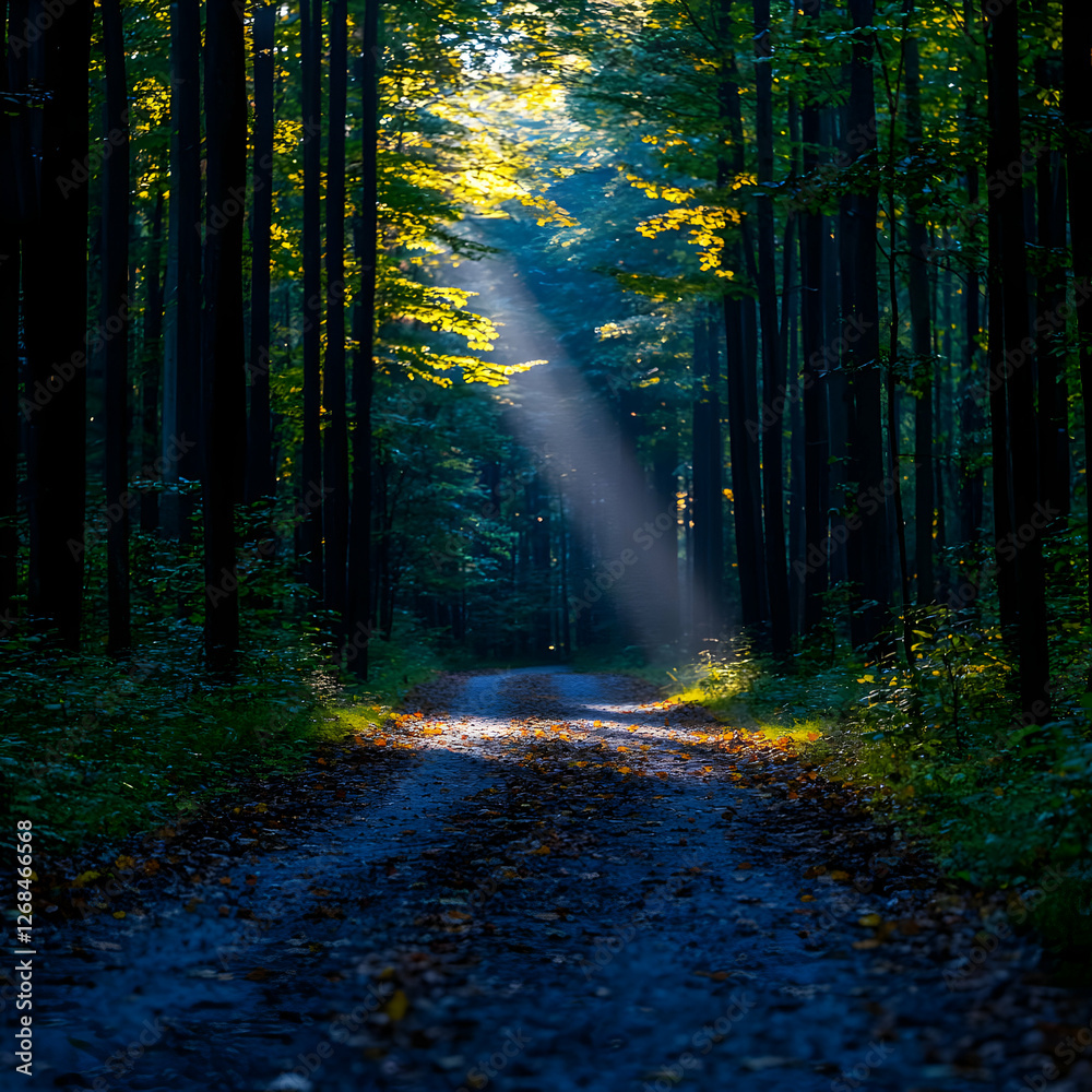 Fototapeta premium Sunlit Path Through Autumn Forest