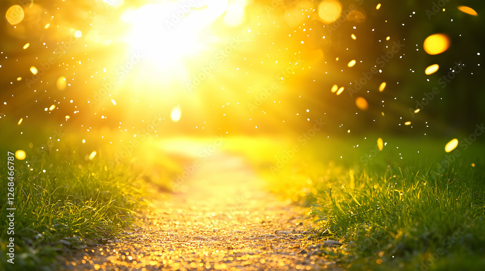 Naklejka premium Sunlit Path Through Green Grass at Sunset