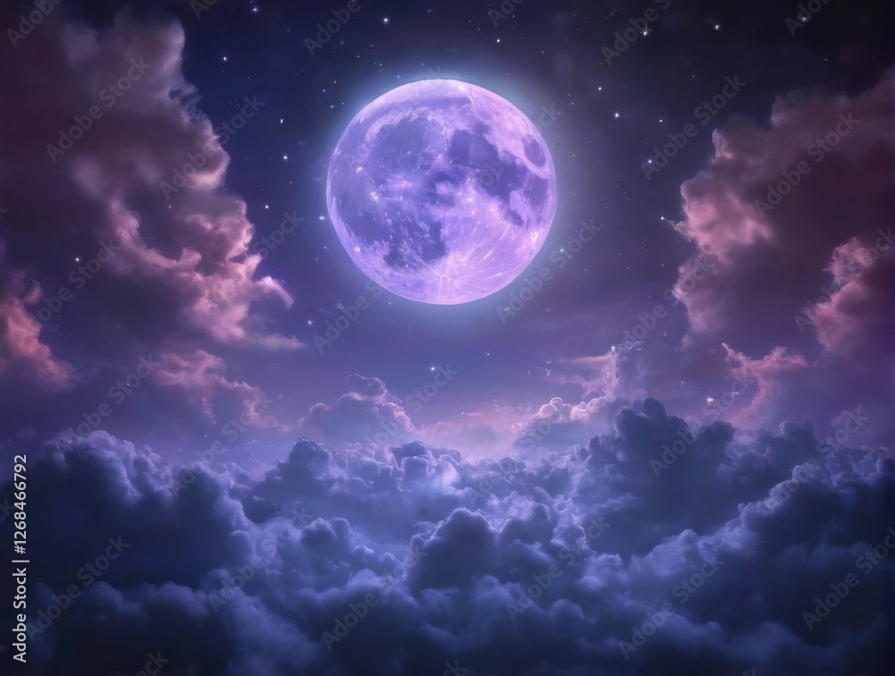 Serene night sky with full moon, fluffy clouds in pink and purple hues, glowing blue moon, and scattered white stars. Serene night sky with full moon, fluffy clouds in pink and purple hues, glowing blue moon, and scattered white stars.