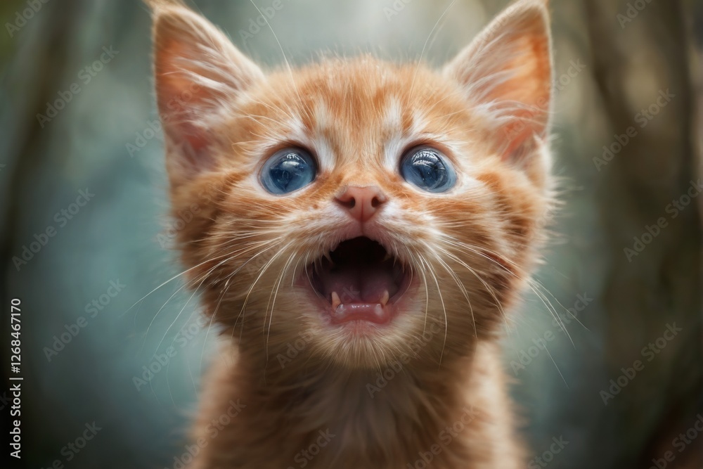 Playful closeup portrait of a small orange kitten with blue eyes in outdoor setting with trees and foliage. Playful closeup portrait of a small orange kitten with blue eyes in outdoor setting with trees and foliage.