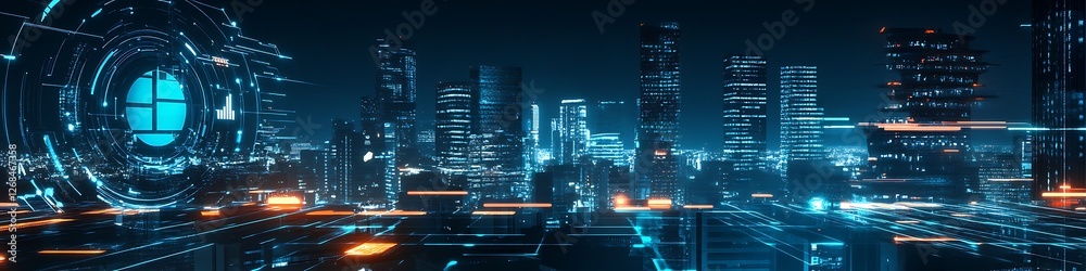 Fototapeta premium Futuristic Cityscape Illuminated With Digital Data Streams
